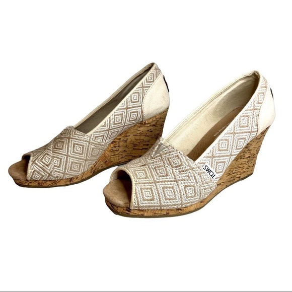 Toms Stella Beige Diamond Print Peep Toe Wedge Cork Heels - Picture 5 of 16
